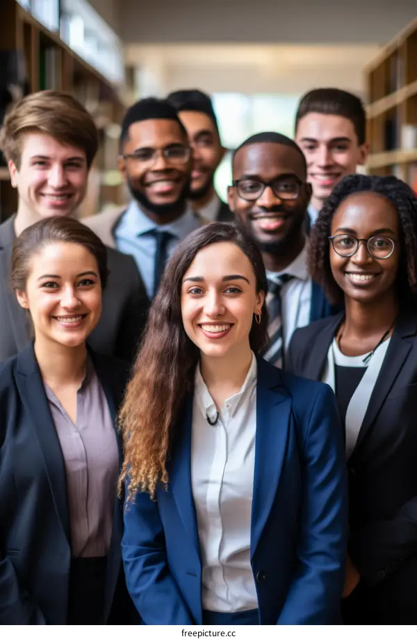 A group of young professionals smiling and posing for a photo in a library