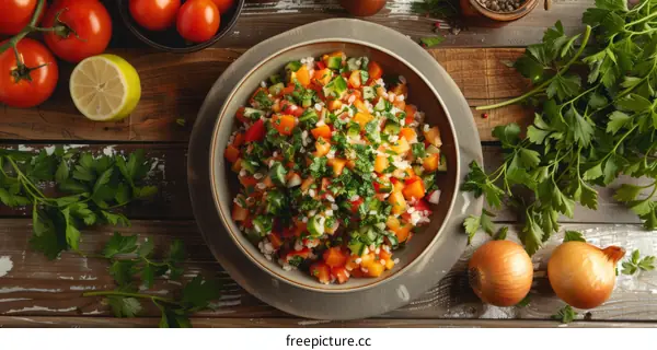 Refreshing and crunchy salad with bulgur, vegetables and herbs
