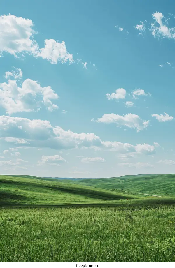 Green rolling hills under blue sky with white clouds