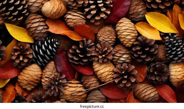 Pine cones and autumn leaves background