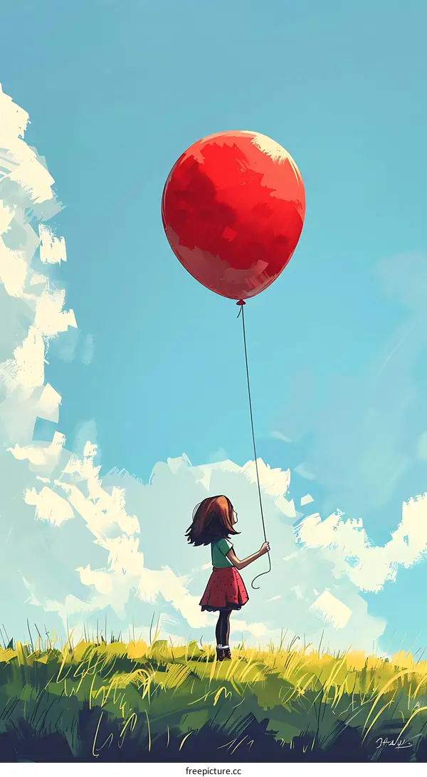 Little Girl Holding a Red Balloon in a Sky Full of Clouds