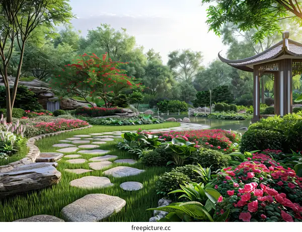 Chinese Style Garden Landscape with a Pavilion and a Pond