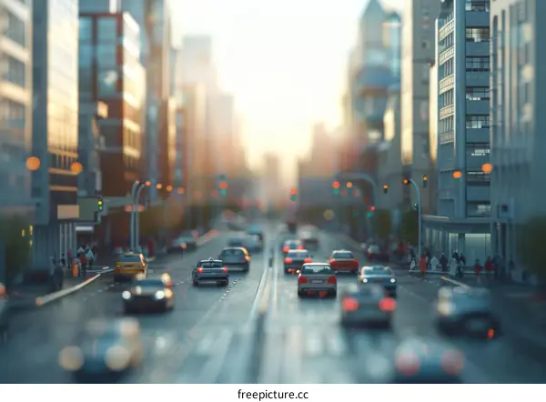 A bustling city street with cars, people, and buildings during the day