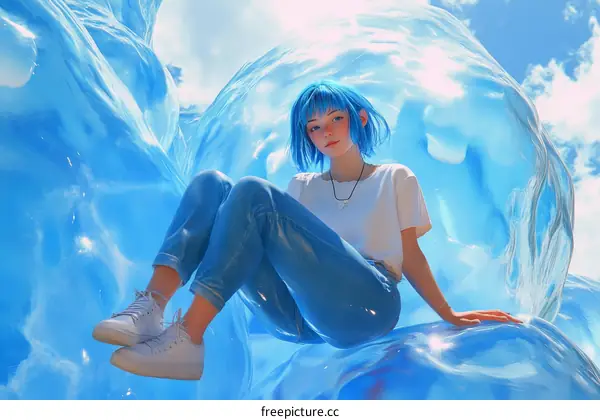 Stylish Girl Seated Among Sparkling Blue Ice Formations