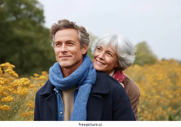 Happy senior couple enjoying the autumn scenery