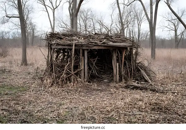 Abandoned Wooden Shelter in a Forest Clearing