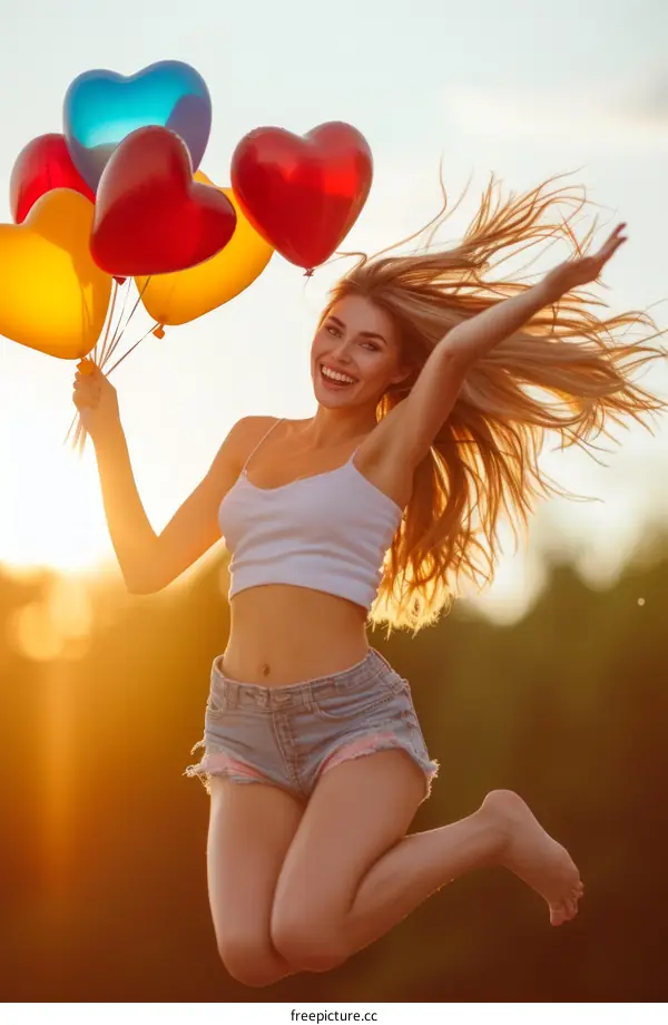 carefree blonde woman jumping with colorful balloons in the air