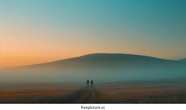 Two people walking on a hill during sunset