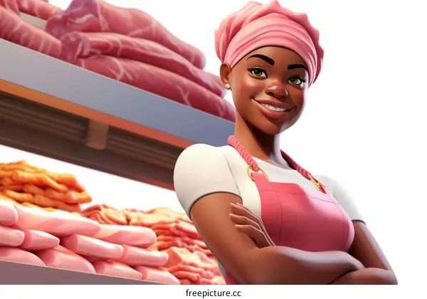 A smiling woman wearing a pink apron stands in front of a display of meat.