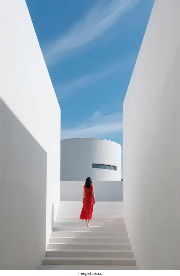 A woman in red dress walking on white stairs under clear blue sky