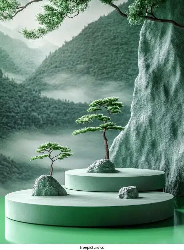 Peaceful Mountain Scenery with Green Trees and Rocks on Elevated Platforms