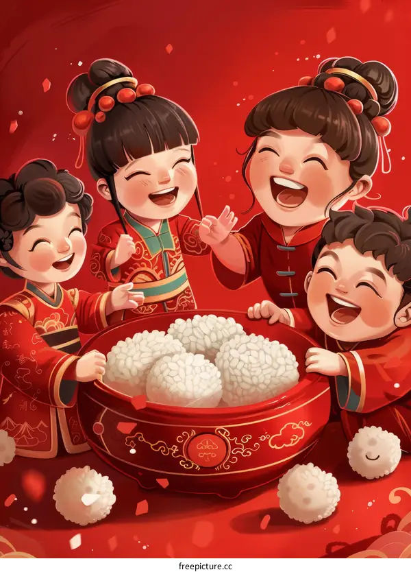 Four happy Chinese children eating rice from a large bowl