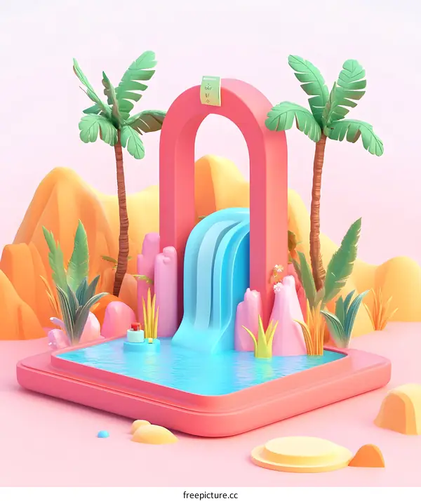 3D Illustration of a Waterfall with a Pool and Palm Trees in a Tropical Paradise