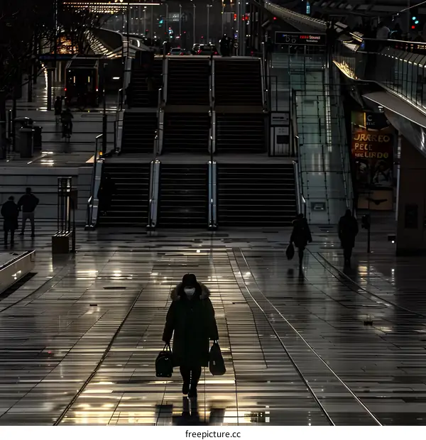 Person Walking Up Stairs at Night in a City