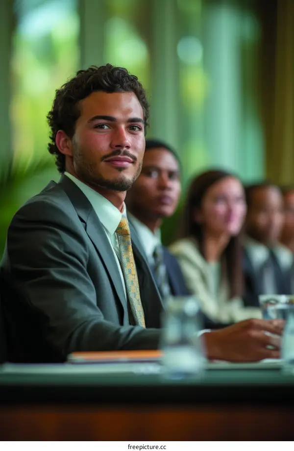 A young professional in a suit sits at a conference table with four other people in the background