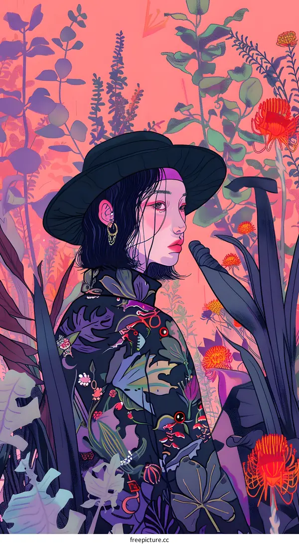 Woman In Black Hat and Floral Clothing Standing in a Garden