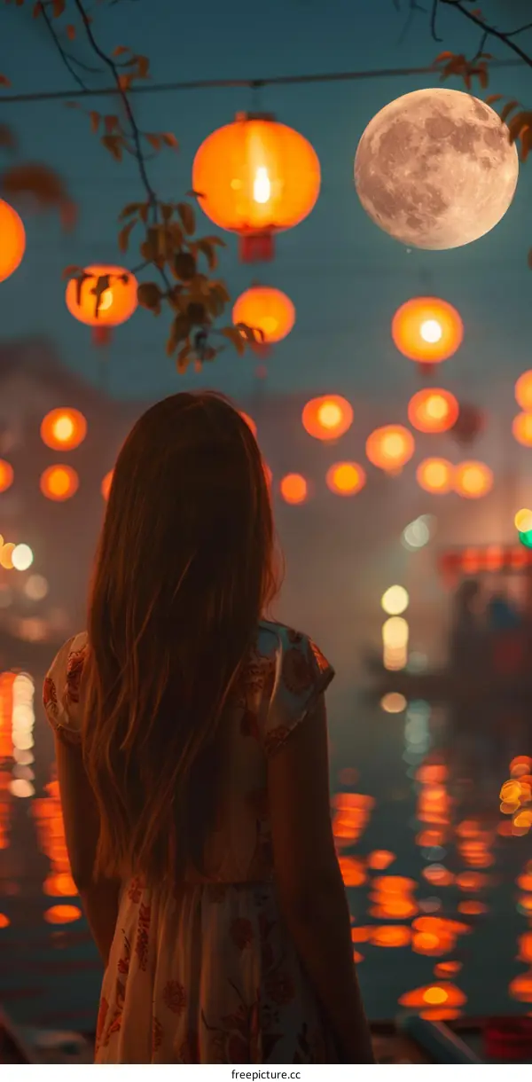 Girl looking at the moon and lanterns