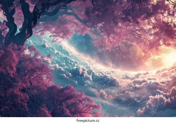 Dreamy Landscape with Pastel Clouds and Cherry Blossoms