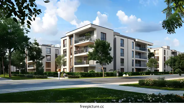 Modern Apartment Building With Green Landscaping