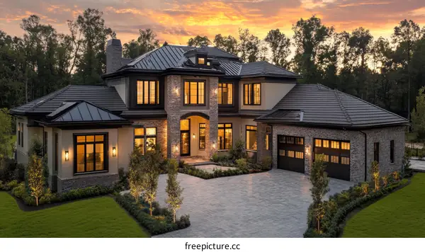 Luxury Mansion Exterior Architectural Design at Sunset