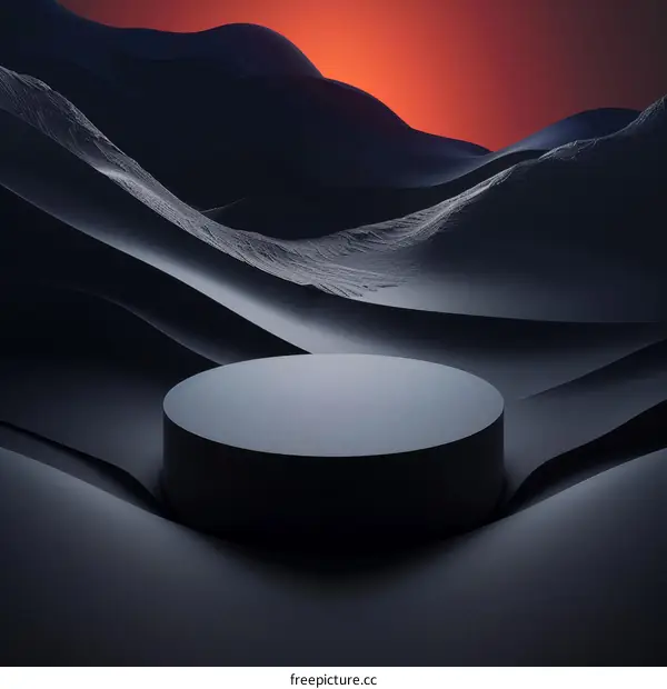 Black podium on the dark sand dunes at sunset