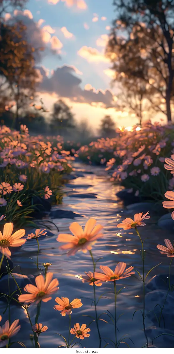 Pink Flowers by the Creek at Sunset