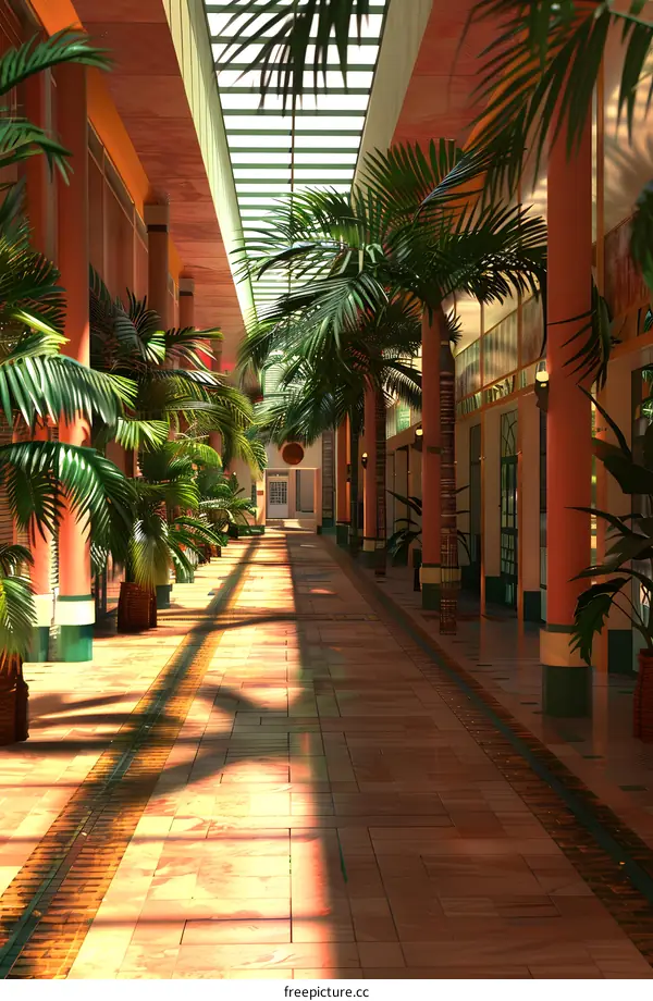 Palm Trees Line the Hallway of a Modern Building