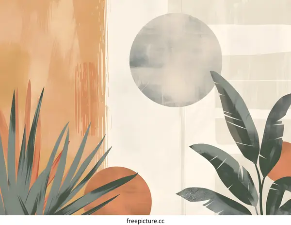 Abstract Minimalist Tropical Art Illustration with Palm Leaves and Sun