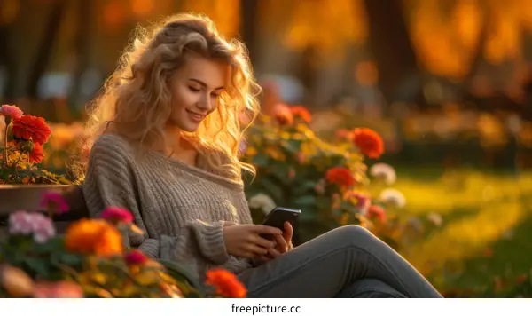 Young woman sitting on a bench in a park, using her phone