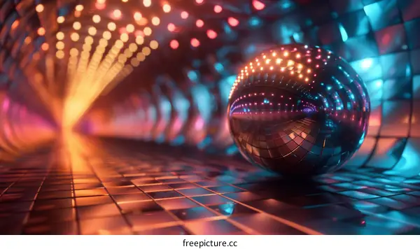 3D rendering of a disco ball in a colorful tunnel