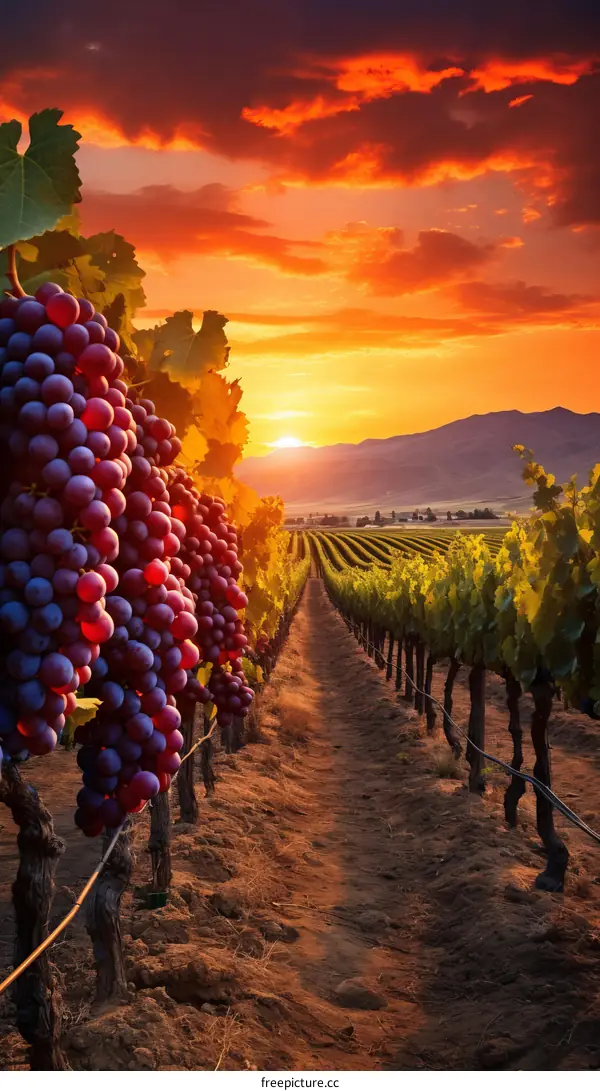Grapes hanging on grapevines in a lush vineyard at sunset