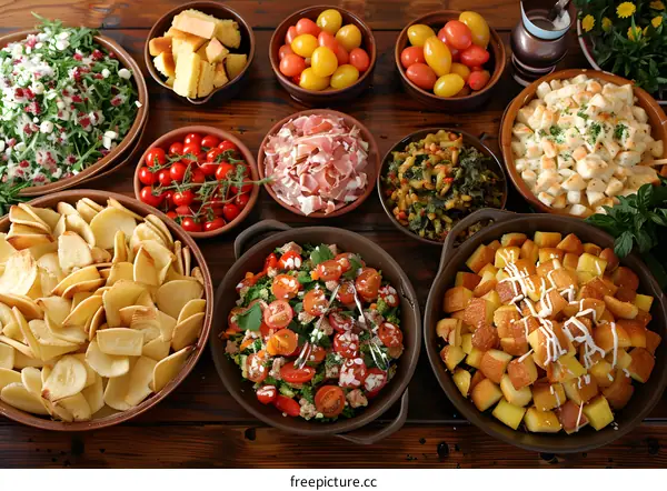 A delicious spread of food on a wooden table