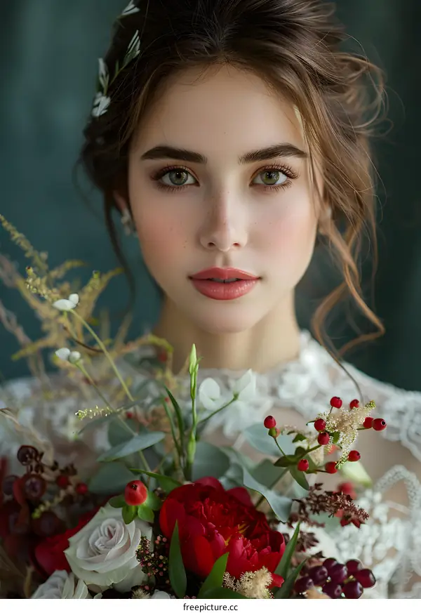 Portrait of a beautiful young bride with a bouquet of flowers