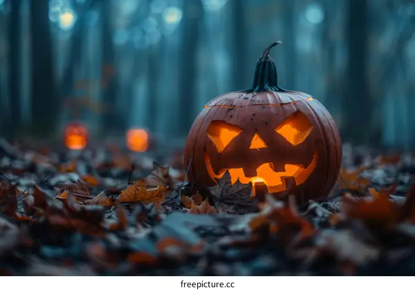 Spooky Halloween Pumpkin in the Dark Forest