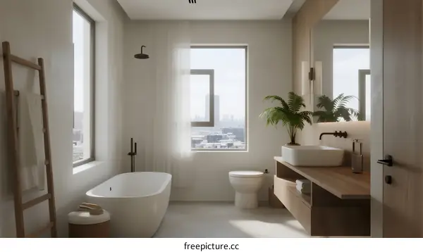 Modern minimalist bathroom with freestanding tub and large windows