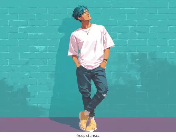 Stylish Teen Leaning Against Teal Brick Wall