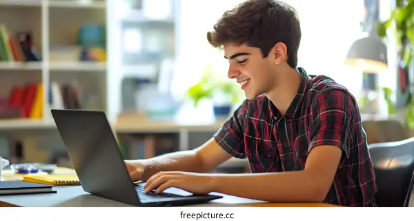 Young Man Studying at a Desk with a Laptop