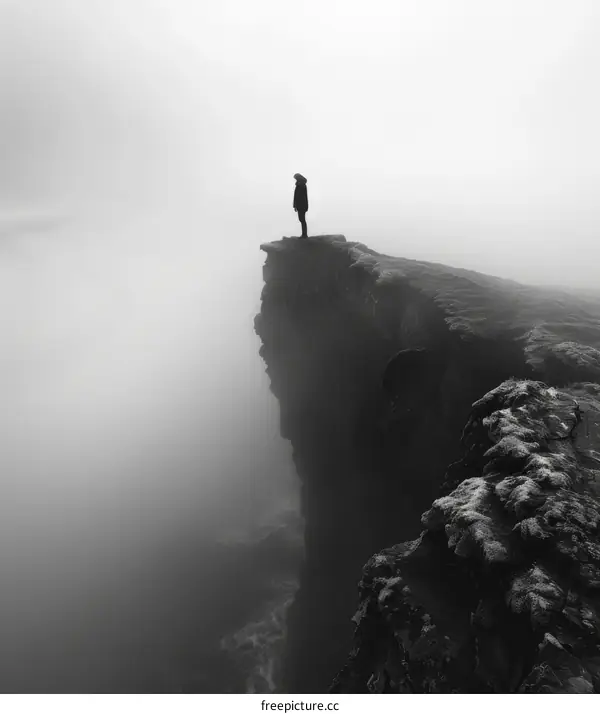Man standing alone on a cliff overlooking a foggy landscape