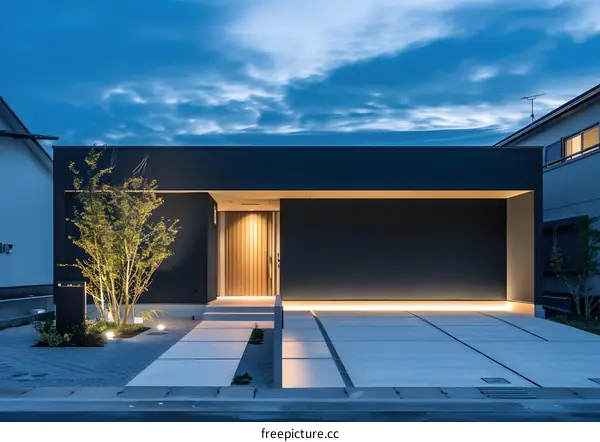 Modern Minimalist House Exterior Design with Concrete Patio and Landscaping