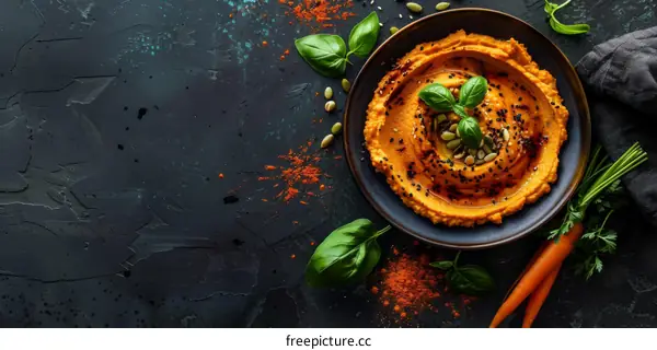 Close-up of Creamy Hummus with Carrots and Basil