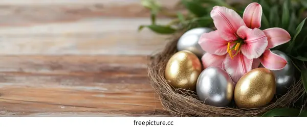 Easter Eggs in a Nest with a Pink Lily