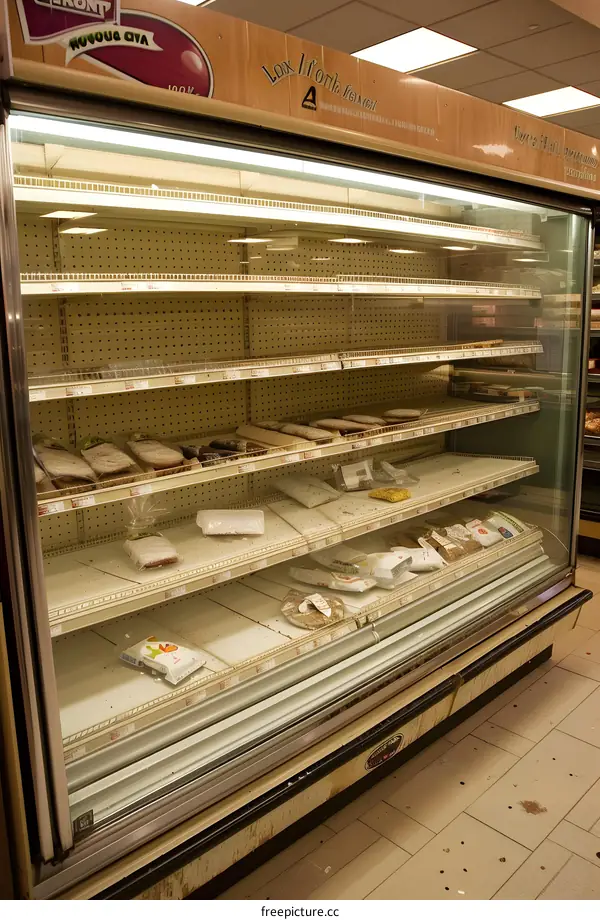 Empty Refrigerated Display Case With Food Packaging