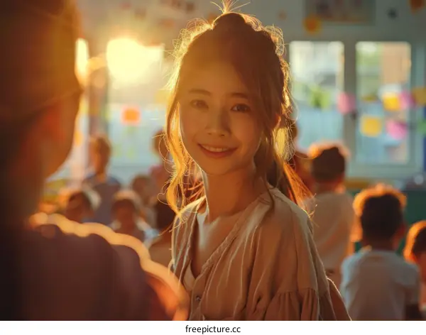 Asian female teacher smiling in a classroom with children playing in the background