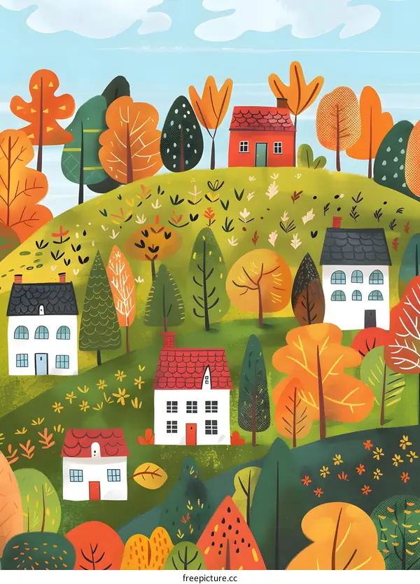 Autumn Village Illustration with Houses and Trees