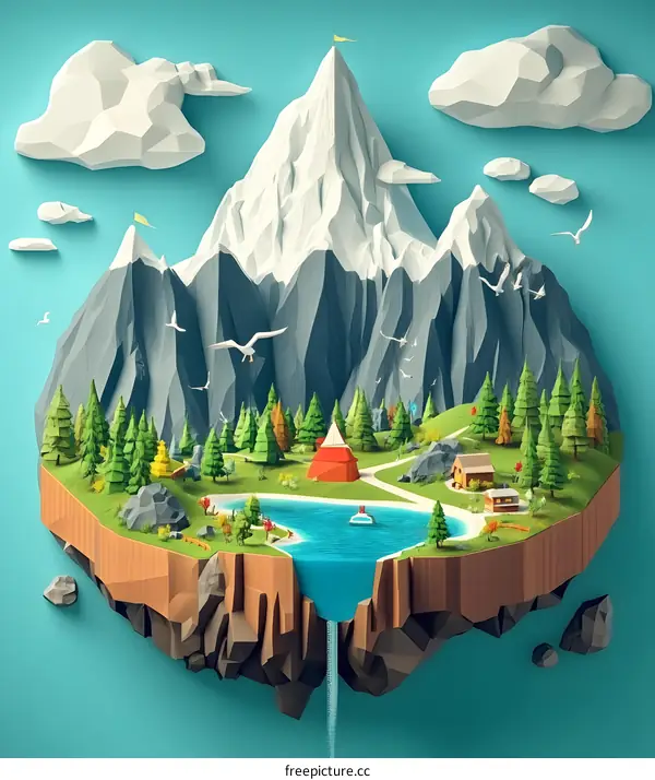 Low Poly Mountain Landscape With Clouds and Waterfall