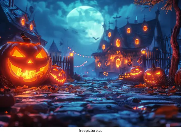 Spooky Haunted House Halloween Scene with Pumpkins