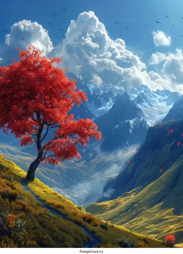 Lonely red maple tree in the valley