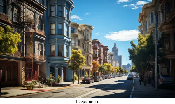 A wide shot of a street with colorful Victorian style houses in San Francisco