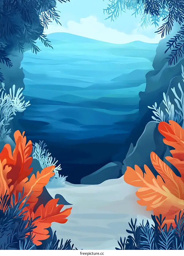 Underwater Ocean Illustration With Coral And Blue Sea