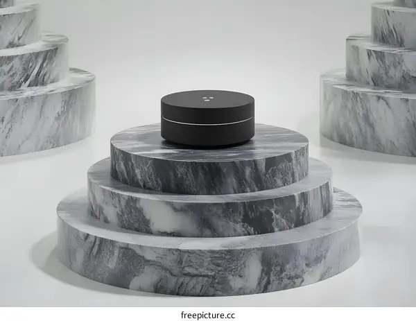 Black Cylinder Object on Stack of Marble Platforms